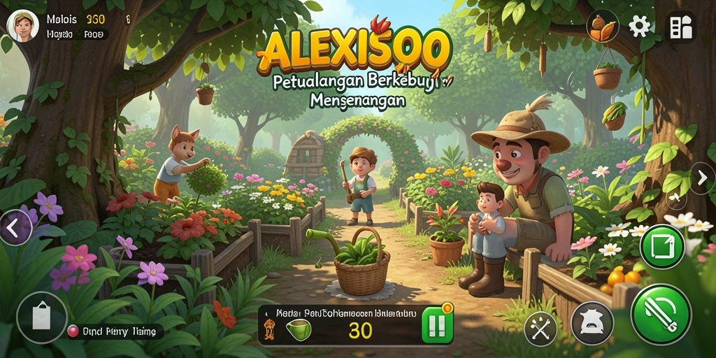 Screenshot gameplay ALEXIS500 dengan berbagai tanaman dan hewan ternak.