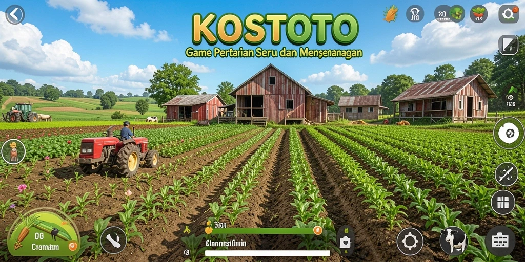 Screenshot gameplay KOSTOTO dengan gambar ladang yang indah.