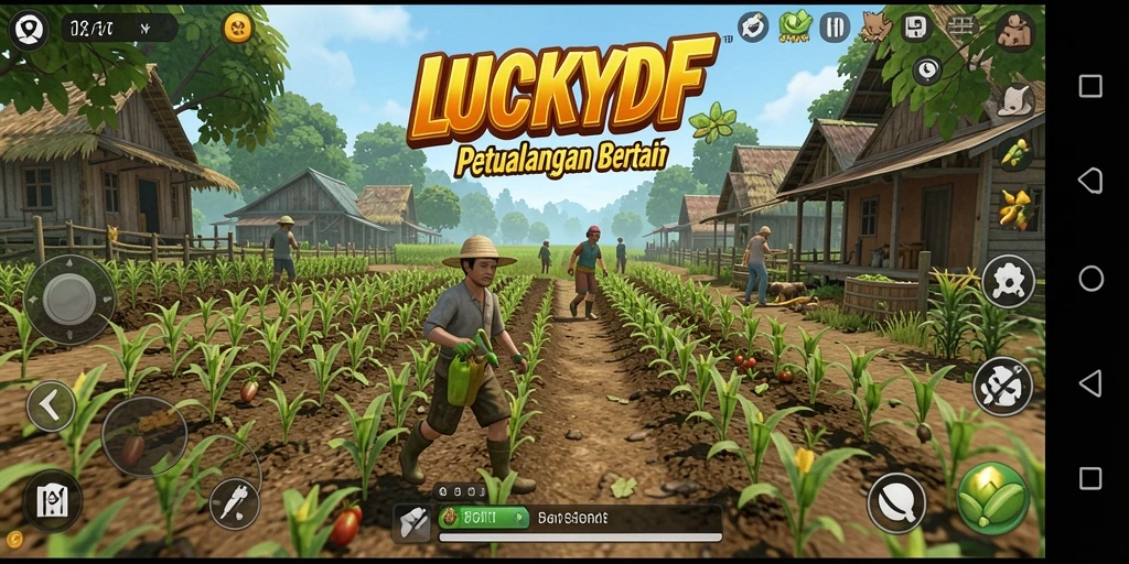 Tangkapan layar gameplay LUCKYDF yang menampilkan kebun yang rimbun dan tanaman subur.
