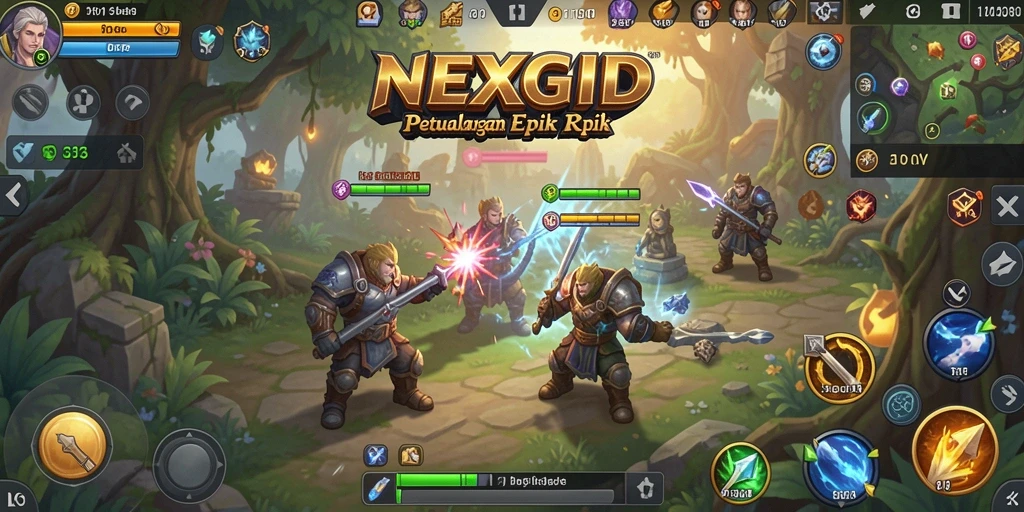 Screenshot gameplay NEXGID menampilkan karakter dalam pertempuran epik di dunia RPG.