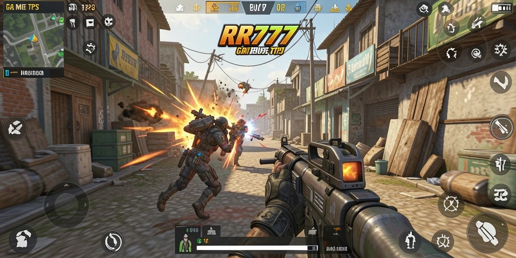 Screenshot utama game RR777 menampilkan aksi pertempuran TPS yang mendebarkan.