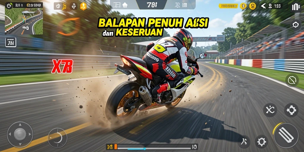 Screenshot X78 menampilkan balapan motor yang seru dan mendebarkan.